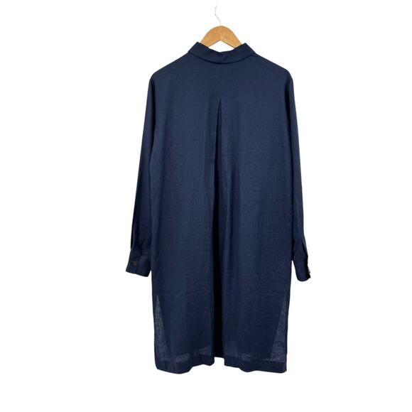 Go Silk Navy Blue 100% Linen Long Sleeves Button Front Shift Shirt Dress - Picture 10 of 13